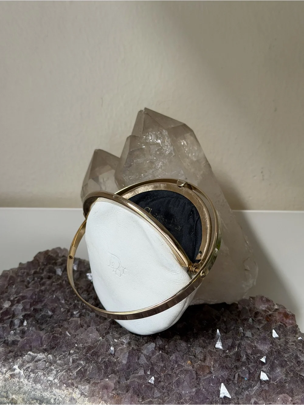 Vintage Dior 60s White Leather Circle Coin Purse with Gold Orbit Kiss Closure